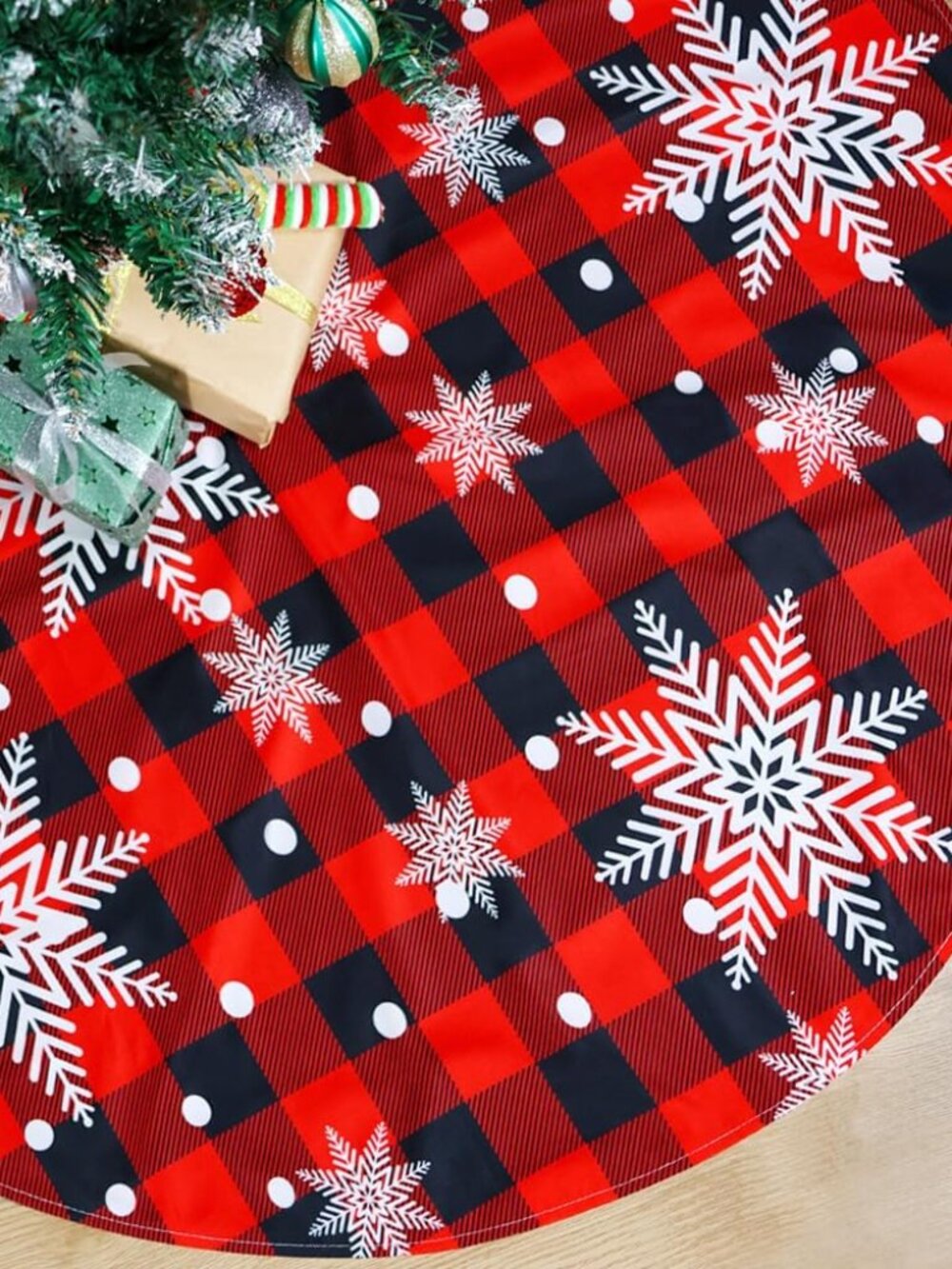 Christmas Tree Skirt Red and Black Buffalo Plaid Tree Skirt Snowflake Design, 48
